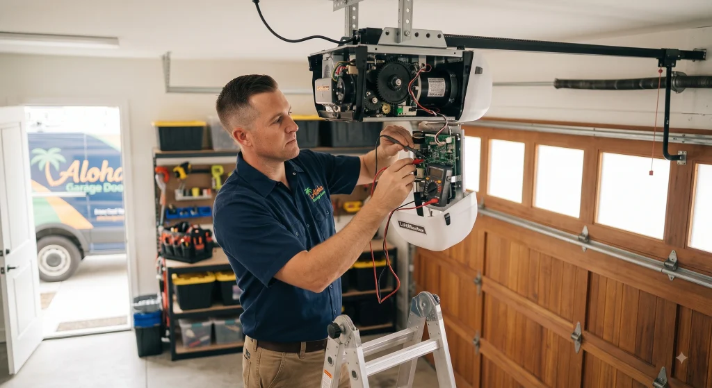 A technician using a multimeter to test the control board wiring during an Overhead Door Opener Installation.