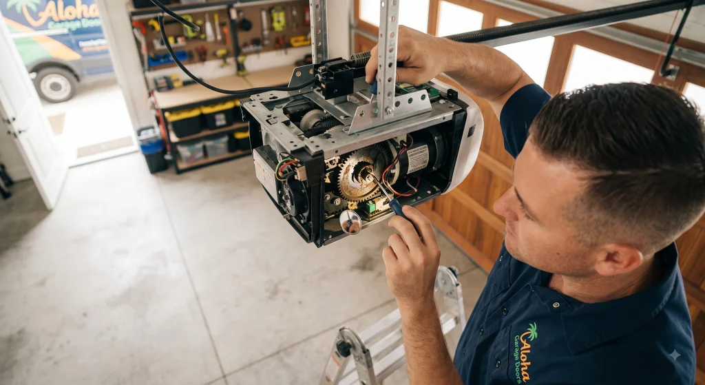 A technician using a screwdriver to adjust internal drive gears during routine Overhead Door Opener Maintenance.