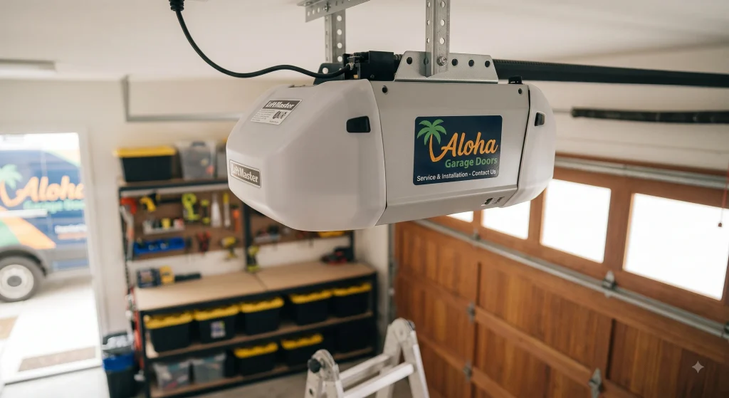 A close-up view of a ceiling-mounted LiftMaster garage opener installed above a carriage-style door for Overhead Door Openers in Kingston, NH.