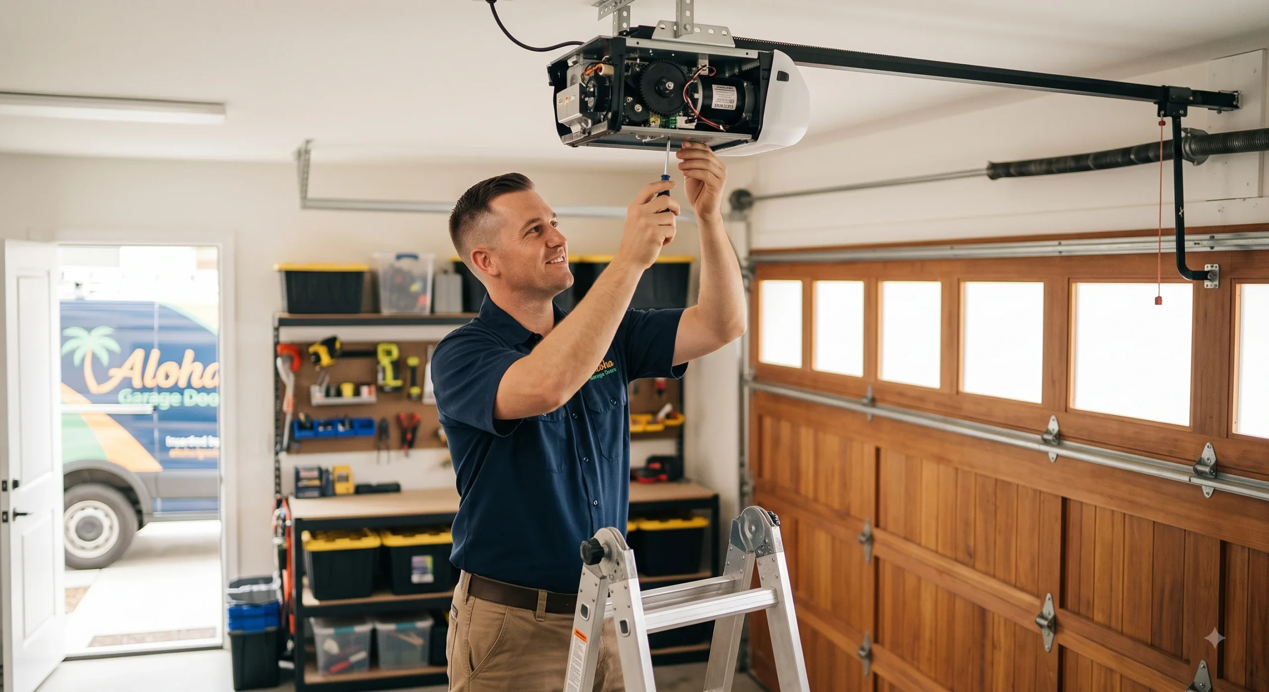 A technician on a ladder using a screwdriver to repair a ceiling-mounted motor for Overhead Door Openers.