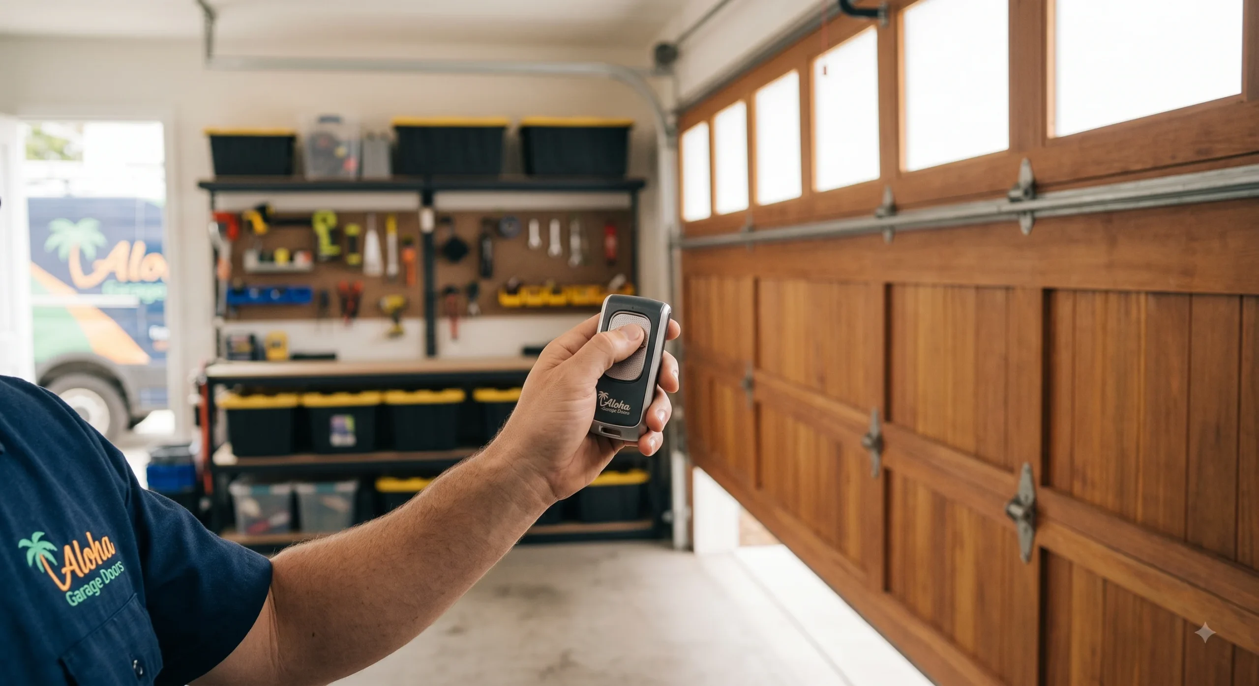 A homeowner pressing a hand-held garage transmitter inside a residential garage to operate an Overhead Door Remote in Kingston, NH.