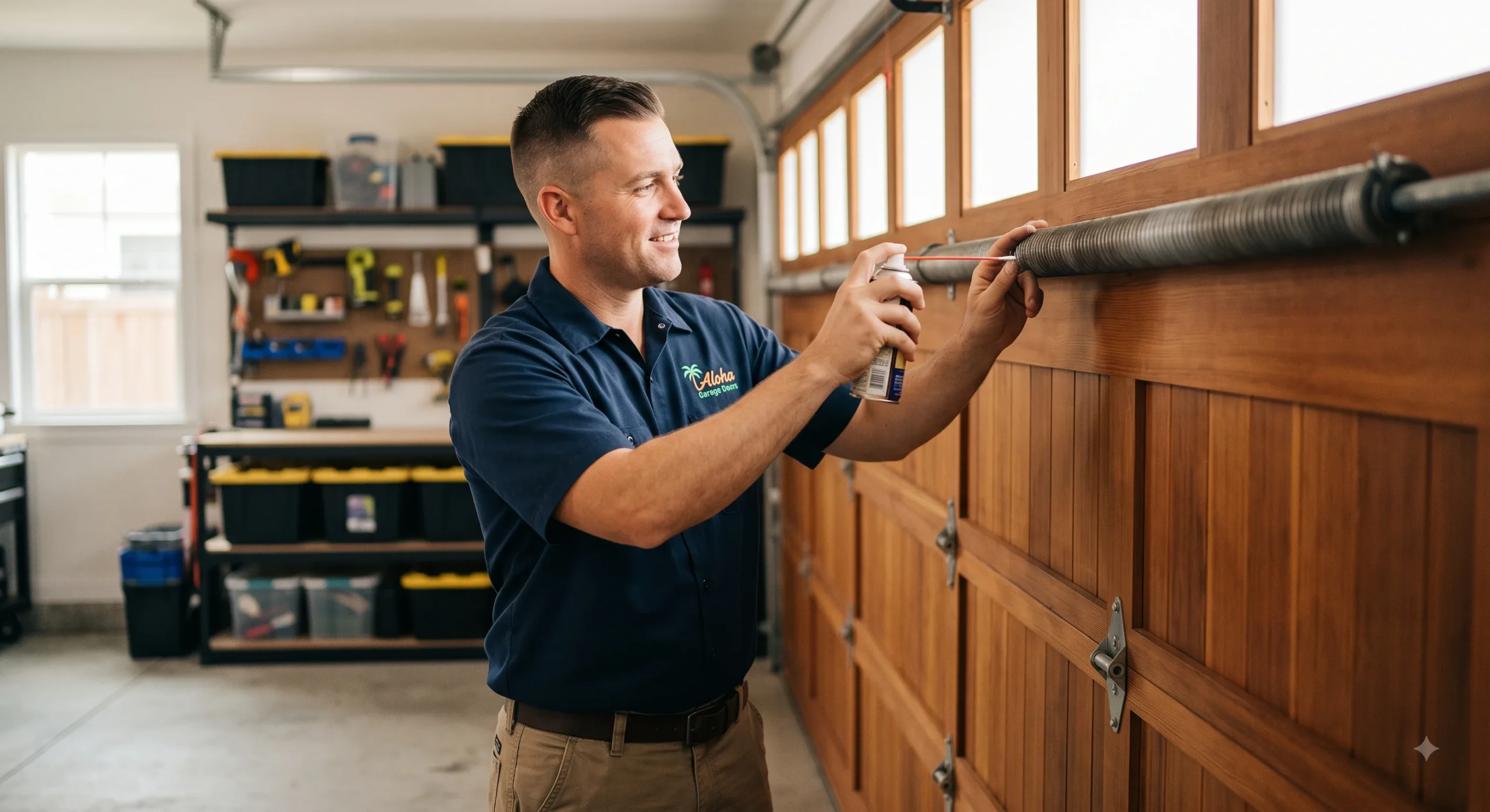 A technician spraying lubricant on an overhead torsion spring during routine Garage Door Spring Maintenance.
