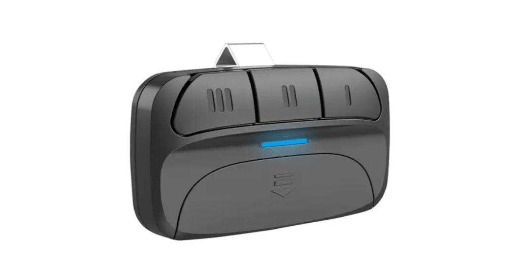 A black garage door remote with three buttons and a blue light.